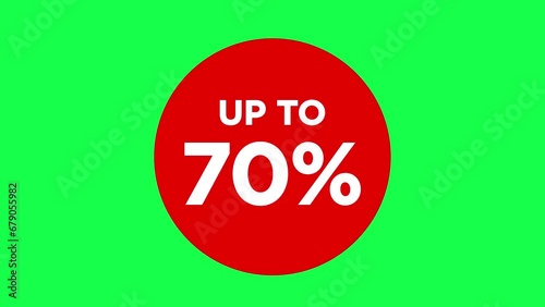 Red labels pop up promotional animations with up to 70% repeatable animated badges on a green screen background