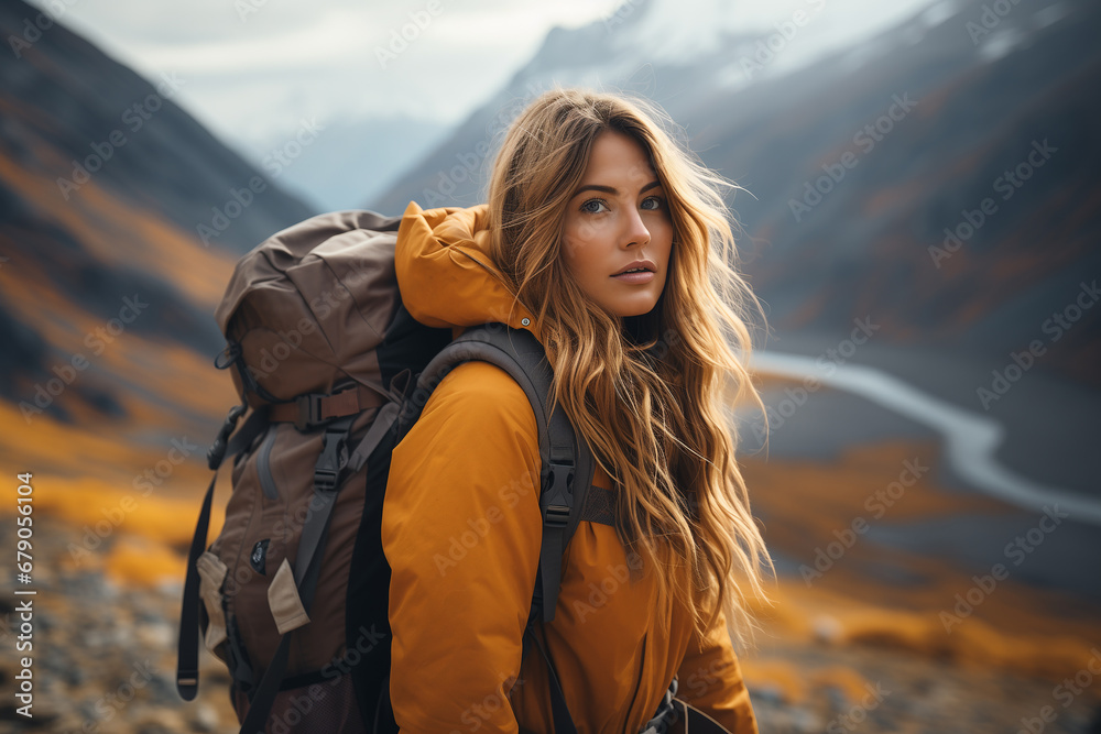 Hiker, trekking in high mountains. Stunning view. Beautiful landscape.