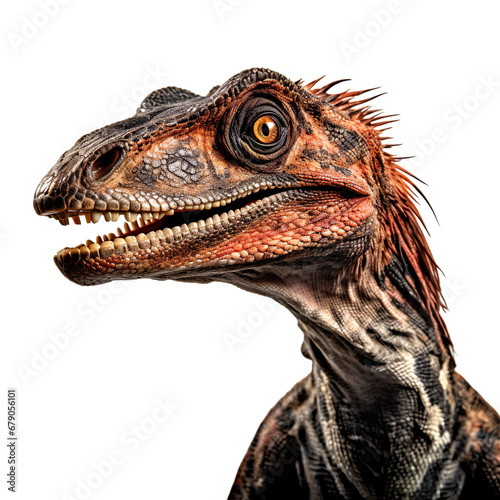 Close up of Deinonychus dinosaur face isolated on a white transparent background