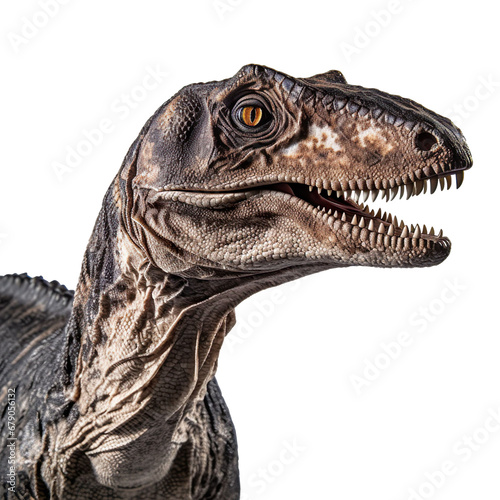 Close up of Dryosaurus dinosaur face isolated on a white transparent background