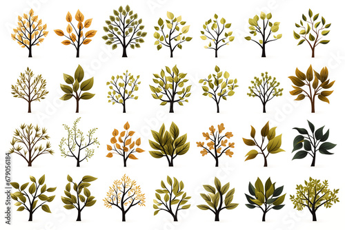 set of different green trees on transparent background