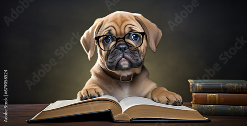 a dog holding a book with glasses