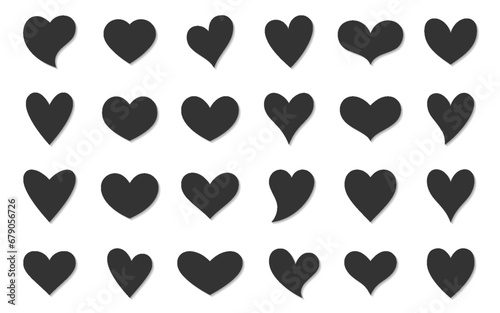 Heart silhouette diff shape black flat set. Icon retro abstract romantic love valentine day card health care wedding invitation outline graphic design element like symbol with shadow isolated white