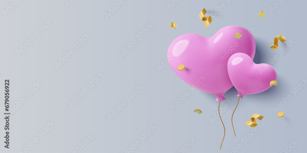February 14 background with pastel pink 3D heart balloons, golden confetti and copy space. Realistic three dimensional Valentine's Day design for party banners and invitations. Vector illustration.