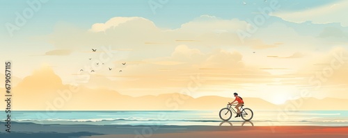 Illustration of a man cycling through the beach on a fat bike bicycle, lots of empty space Generative AI photo