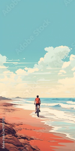 Illustration of a man cycling through the beach on a fat bike bicycle  lots of empty space Generative AI