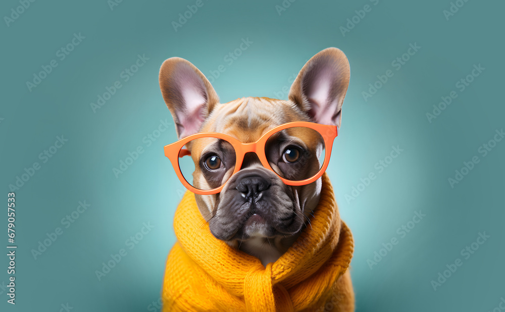 Funny anthropomorphic humanized French bulldog wearing glasses and a knitted sweater on a blue background.