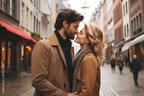 A young couple in profile face to face hugging on the street of the European city