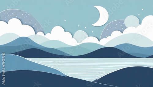 The Moon, Mountains, and Lake in the Evening