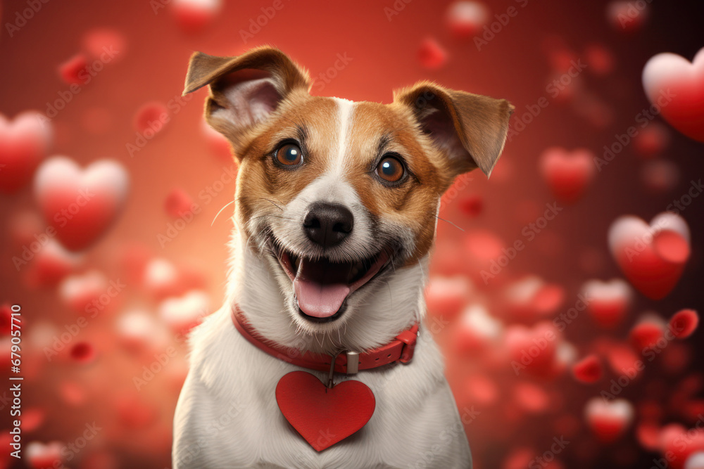 Close up cheerful Jack Russell with a red heart tag on its collar smiling against a backdrop of floating hearts. Perfect for love and loyalty themes. National Pet Day