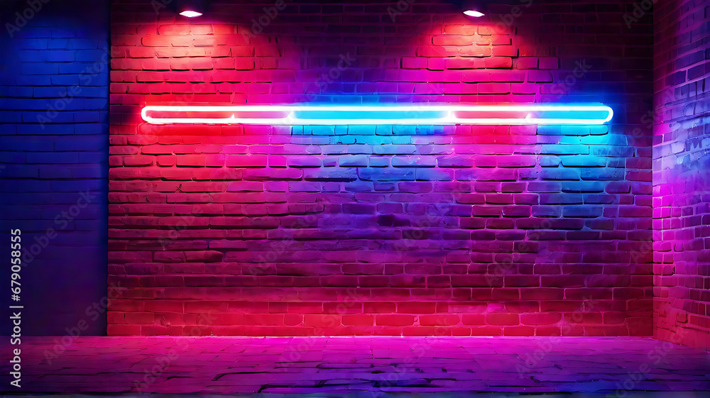 Neon light on brick walls that are not plastered background and texture. Lighting effect red and blue neon background Neon light on brick walls that are not plastered background and texture. Lighting effect red and blue neon background