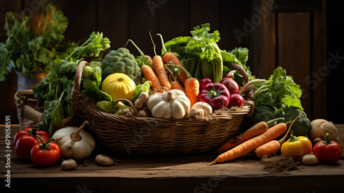 Vegetable basket on a wooden table in a kitchen.