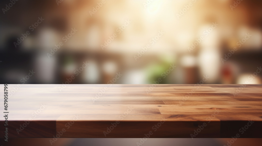 Empty beautiful wood table top counter and blur bokeh modern kitchen interior background in clean and bright,Banner