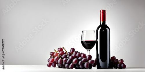 Red wine bottle with wine grapes isolated on white background.