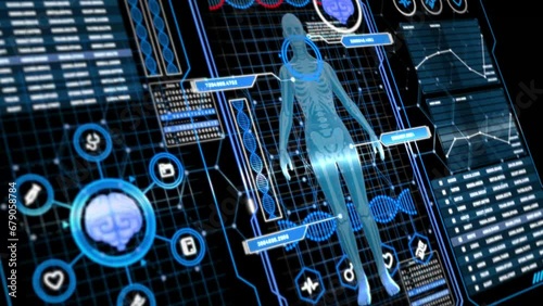 Medical user interface. Futuristic medicine infographics and health technology HUD elements in motion. Using artificial intelligence, medical data is analyzed and displayed on a holographic screen.