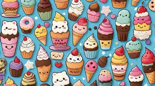 A background featuring cute desserts like smiley cupcakes  happy ice cream and happy donuts.