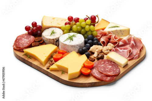 Assorted appetizer, charcuterie, snack and cheese on a wooden board for buffet party. Isolated on transparent background, top view.