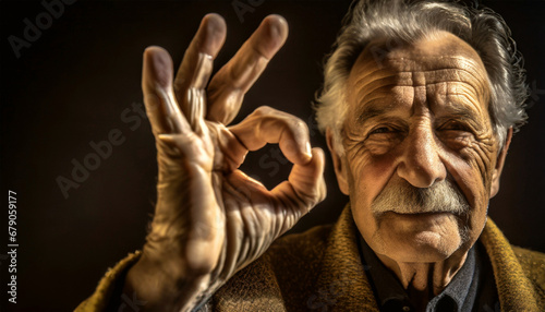 An elderly man with a mustache and gray hair, makes the ok sign with his wrinkled hand while, looking at the camera. On dark background with dramatic light.