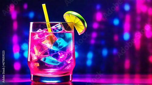 Glass of cocktail in hypnotic neon light. Colorful rave party drink. 