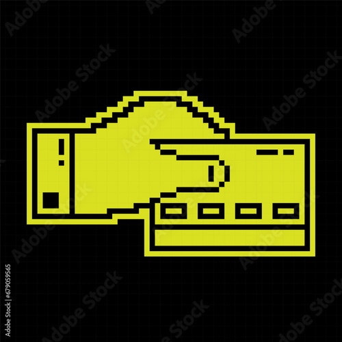 Male hand holds plastic bank credit card. Paying for purchases in store with bank card. Isolated Pixel silhouette icon. Simple black and yellow vector