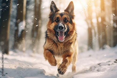 A German Shepherd dog runs through the snow in the forest