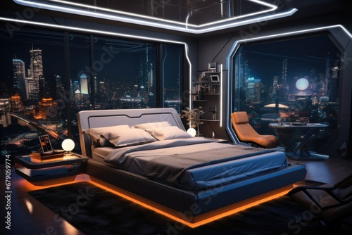 The interior of a modern bedroom with a bed and blue neon lighting and panoramic windows