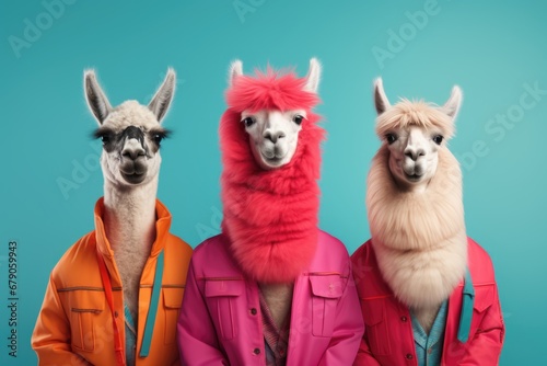 Llamas in colored jackets and jackets