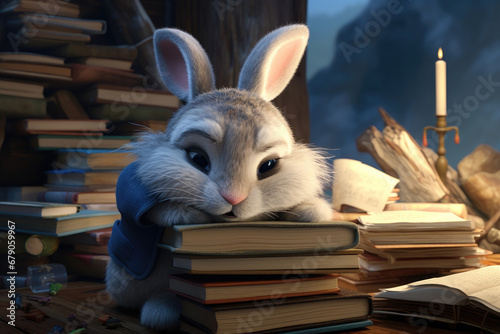 Cartoon hare fell asleep on books