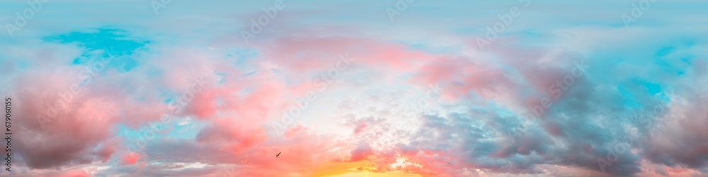 Obraz premium Sunset sky panorama with bright glowing pink Cumulus clouds. HDR 360 seamless spherical panorama. Full zenith or sky dome for 3D visualization, sky replacement for aerial drone panoramas.