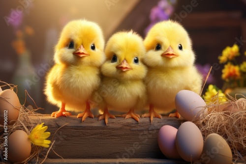 Three little chickens are sitting in a basket with Easter eggs