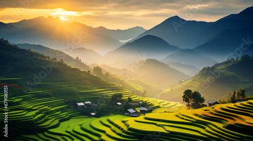 Vietnamese terraced rice fields at sunset