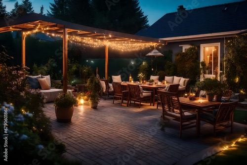 Summer evening on the patio of beautiful suburban house with lights in the garden garden, digital ai 