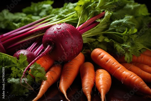 Red beets and young carrots with drops of water and green leaves