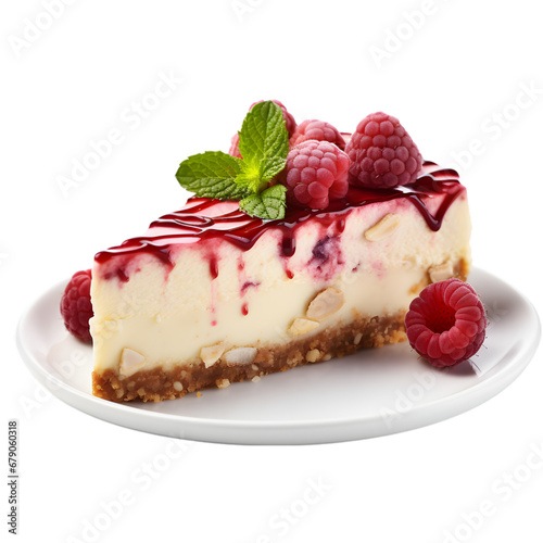 Raspberry White Chocolate Cheesecake, A decadent cheesecake with a swirl of raspberry and white chocolate isolated on transparent background