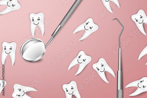 Cute tooth with dental tools icons set isolated on blue background. White kawaii teeth emoji sign with stomatology instruments in hands vector