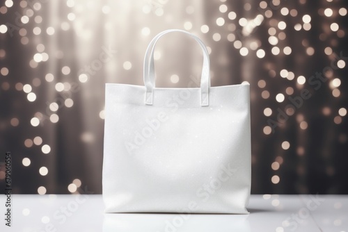 Empty mock-up of a bag made of white fabric, shiny background photo