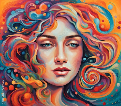 Vibrant anxiety portrayal: swirling colors, hidden smile amidst chaos, resilience in inner struggles
