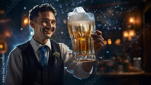 Waiter serving a frozen glass of draft beer photo