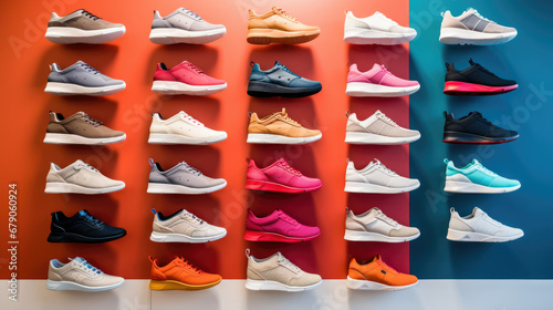 Shop display of a lot of Sports shoes on a wall. A view of a wall of shoes inside the store. Modern new stylish sneakers running shoes for men and women