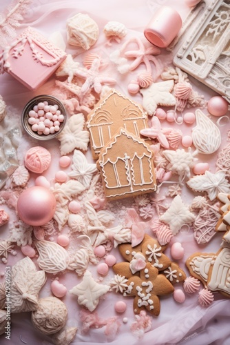 Food photography pink flatly of girly gingerbread cookies, Christmas winter holidays backing background
