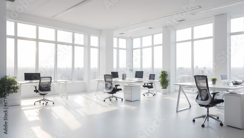 Beautiful blurred background of a light modern office interior with panoramic windows and beautiful lighting. Red and white Soft light. Generative AI © Rudi