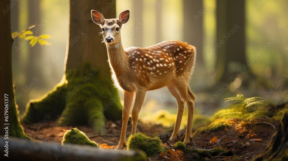 Sika deer on a background of forest shadows Sika deer on a background of forest shadows