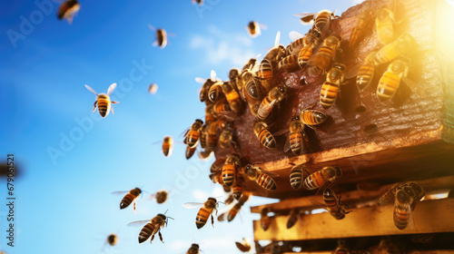 Swarm of bees against a blue sky and a wooden hive box. Bee apiary, honey farm. The industry of production of farm natural honey. © SnowElf