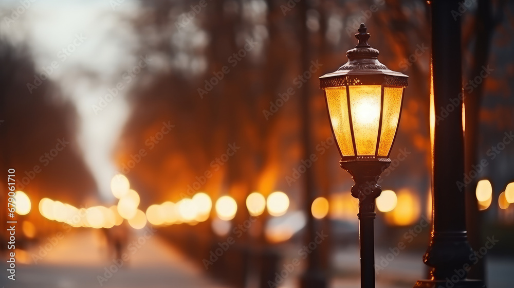 Cold rainy fall evening landscape. Lights of street lamps against the background of a blurred empty street. Street lighting. 