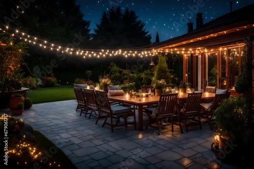 Summer evening on the patio of beautiful suburban house with lights in the garden garden  digital ai 