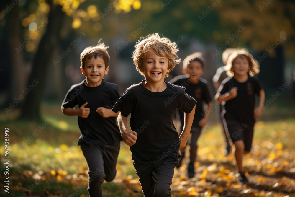 Schoolchildren are running in the park.