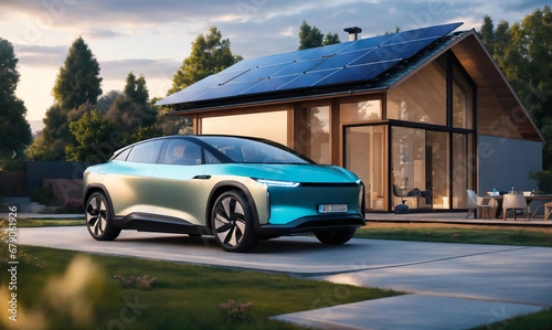 Electric futuristic car parked with charging station in a modern ecological eco house with solar green power panels, smart home technology. Renewable energy concept. future technologie. Generative ai © Maxim Chuev
