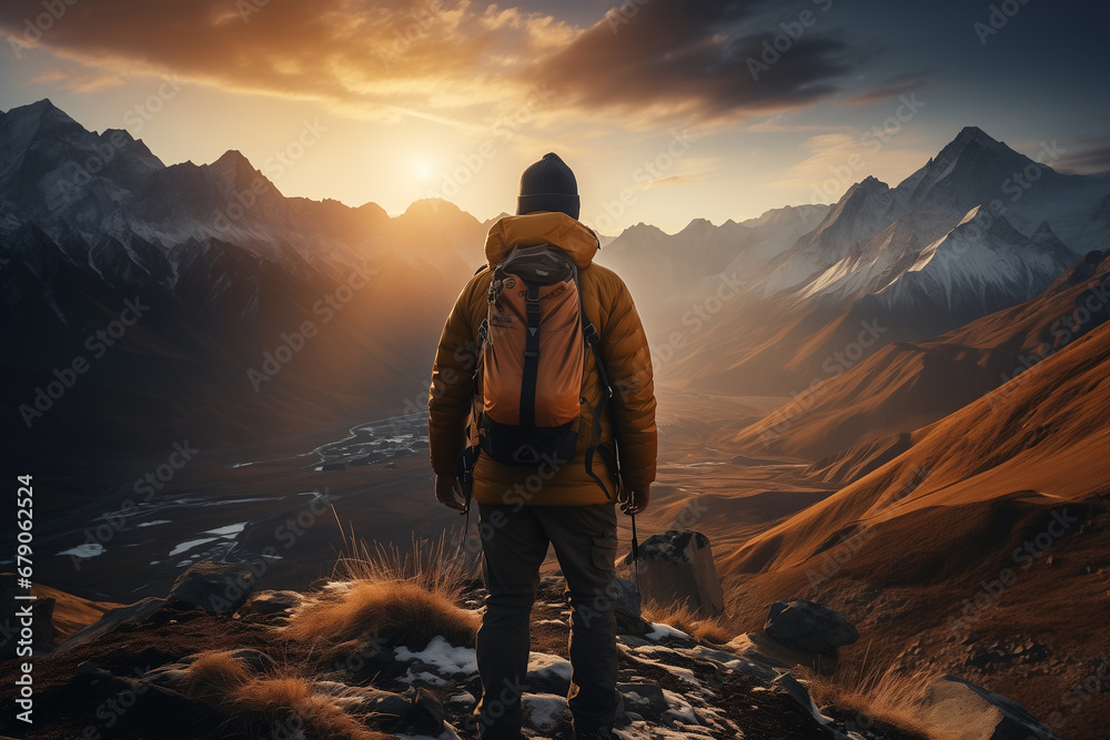 Hiker, trekking in high mountains. Stunning view. Beautiful landscape. Hiker, trekking in high mountains. Stunning view. Beautiful landscape.