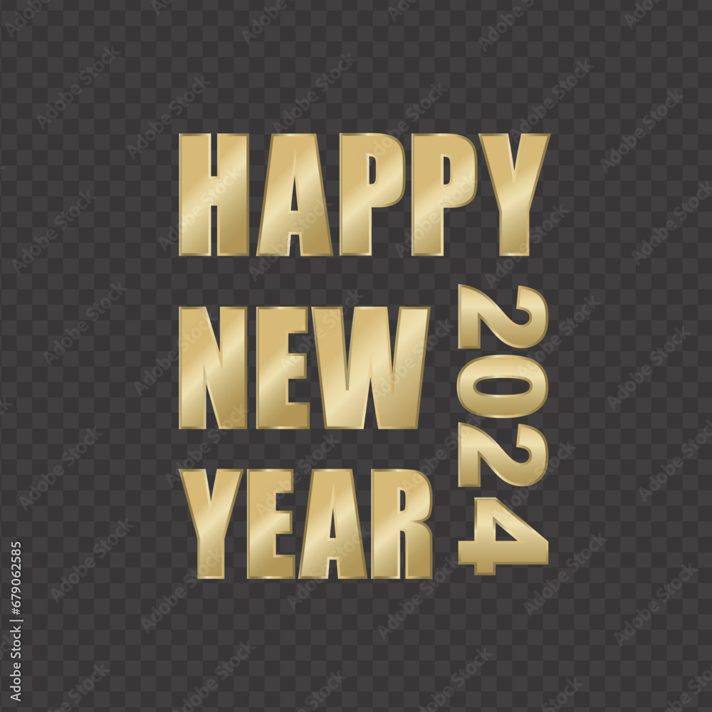 Obraz premium Vector Happy New Year 2024 Golden Letters text Isolated on Transparent Background. Holiday New Year Greeting Card Design Element. Shining Gold Greeting Isolated Text. Golden Lettering Design Element.