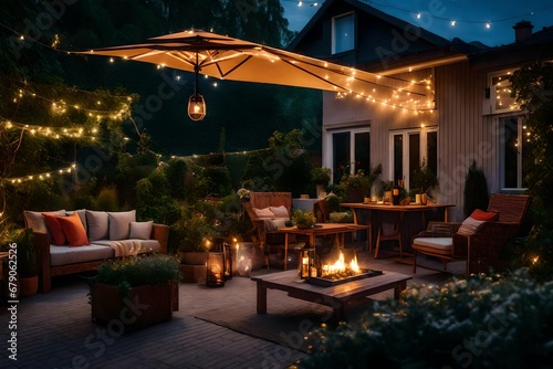Summer evening on the patio of beautiful suburban house with lights in the garden garden, digital ai  © Creative